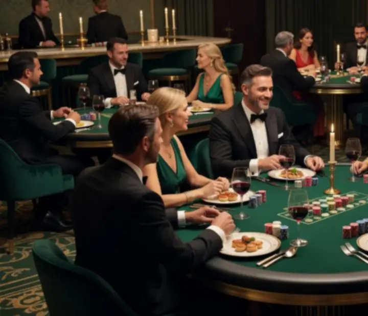 Elegancko oświetlone stoły pokerowe w restauracji Pola Stelvio