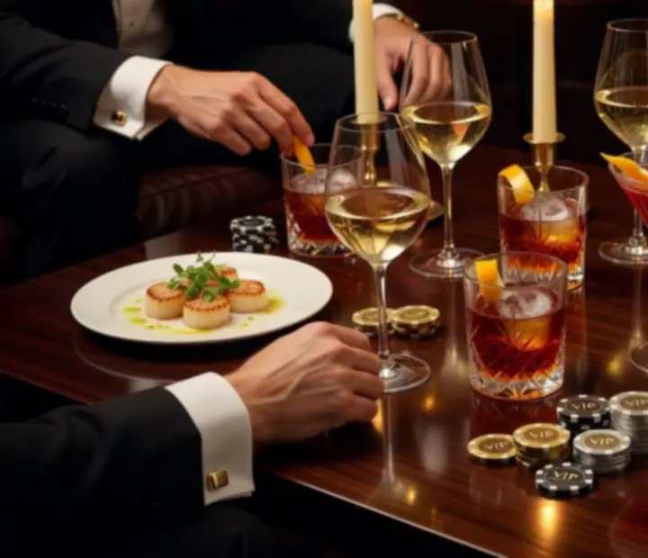 Detal eleganckiego stolika w VIP Lounge ze świecą i kieliszkiem koktajlu