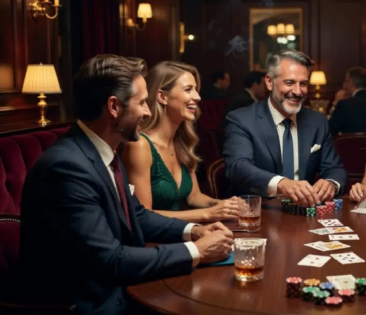Stylowe wnętrza restauracji z gośćmi uczestniczącymi w wieczorze pokerowym