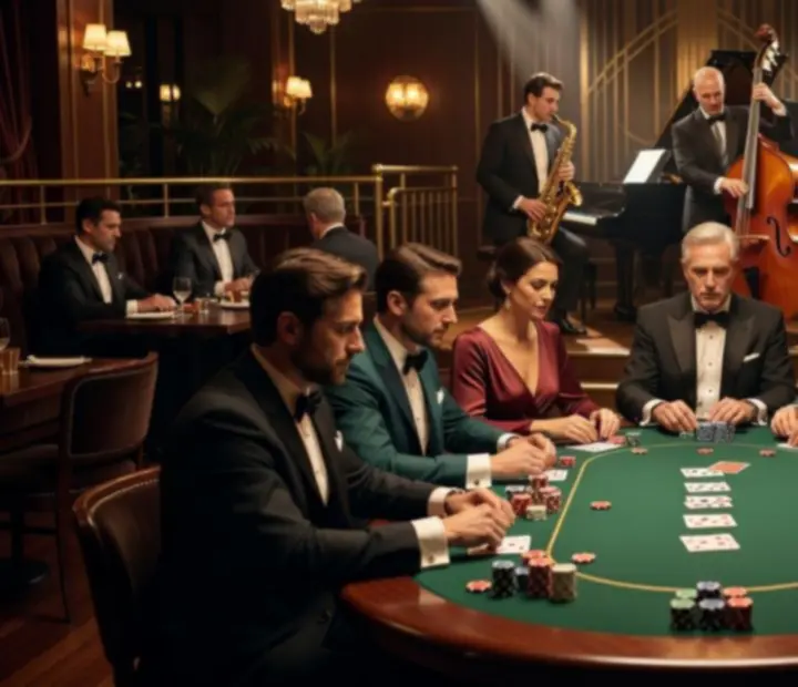 Muzycy grający na żywo w eleganckiej restauracji podczas wieczoru pokerowego