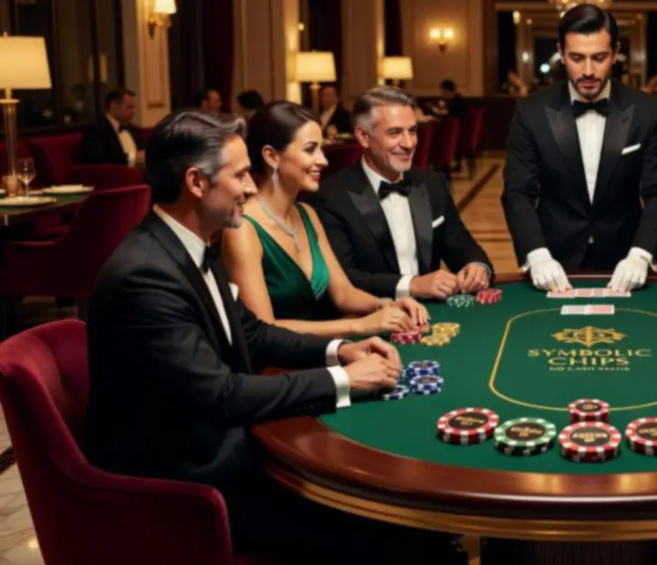 Profesjonalny krupier prowadzący wieczór pokerowy przy eleganckim stole z symbolicznymi żetonami