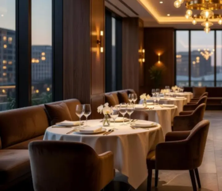 Eleganckie wnętrze restauracji Pola Stelvio oświetlone nastrojowym światłem wieczornym.
