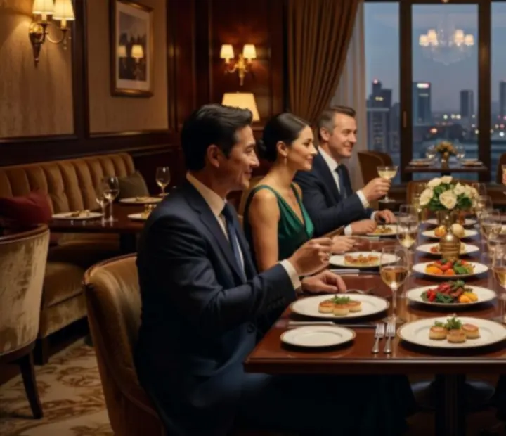 Eleganccy goście przy kolacji w restauracji Pola Stelvio