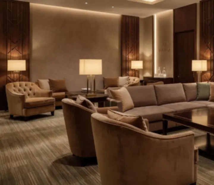 Eleganckie wnętrze VIP Lounge z wygodnymi sofami i nastrojowym oświetleniem