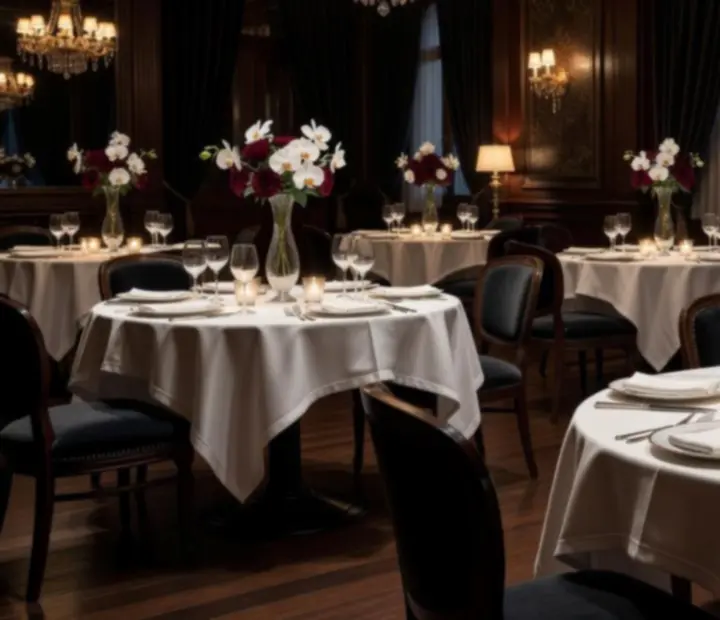 Elegancko oświetlona sala restauracyjna przygotowana na ekskluzywny wieczór tematyczny w Pola Stelvio